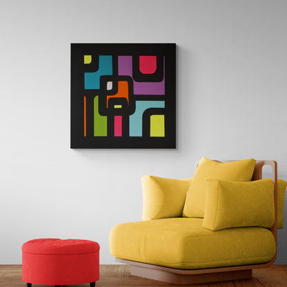 "Square Time" – a bold retro pop painting by Lenon B, with bright geometric shapes and a deep black background.