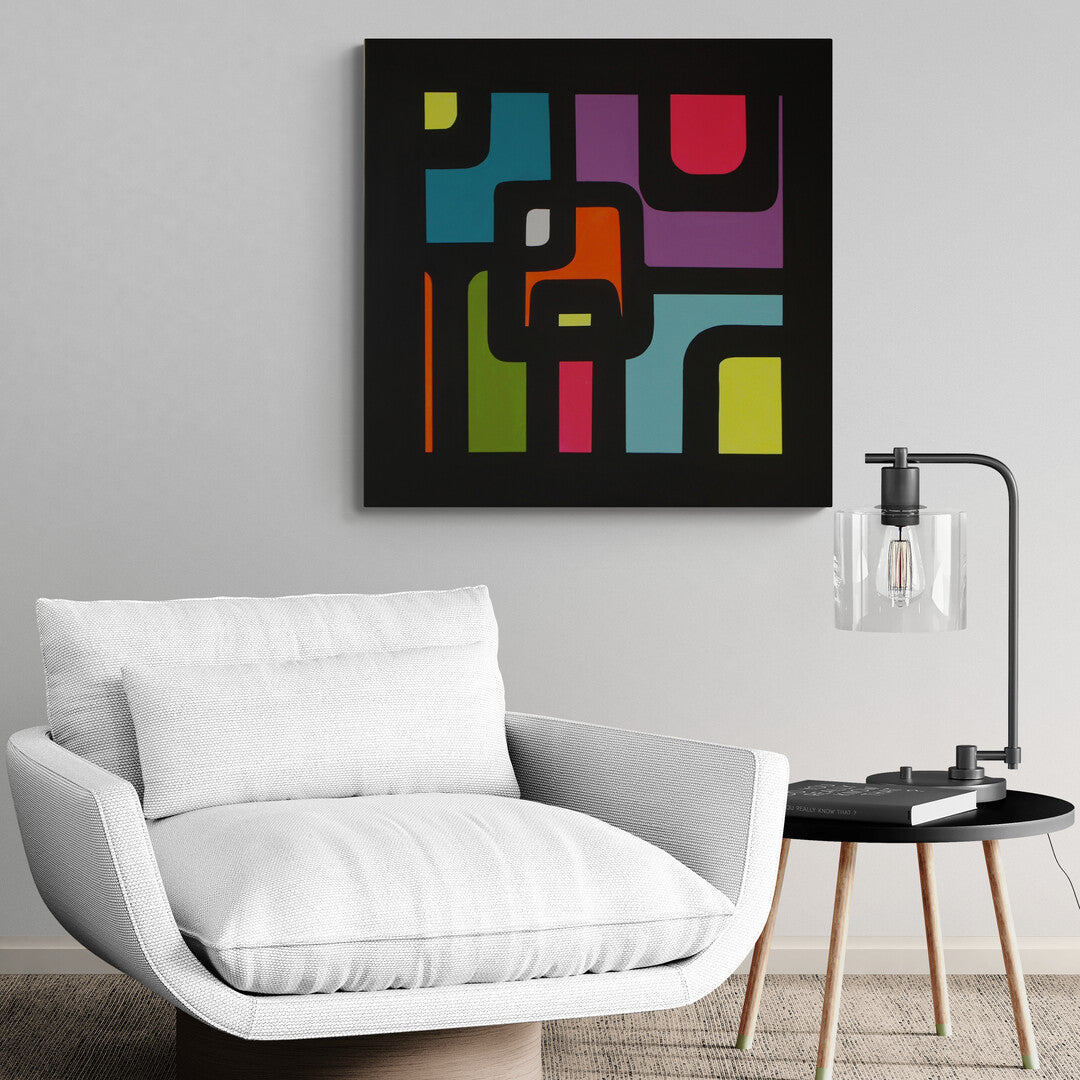 "Square Time" by Lenon B, with colorful geometric patterns inspired by retro 70s design.