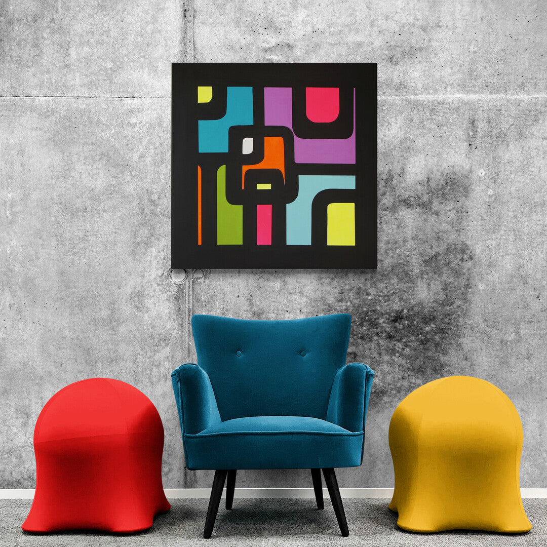 "Square Time" by Lenon B, a cubist-inspired geometric design with vibrant colors and soft angles.