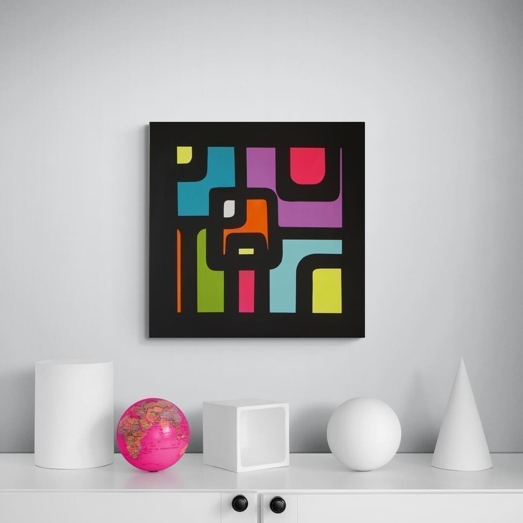 "Square Time" – a geometric pop art piece by Lenon B, with vibrant colors and bold shapes against a deep black canvas.