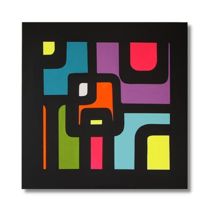 "Square Time" by Lenon B, a retro pop geometric artwork with bright colors on a black background.