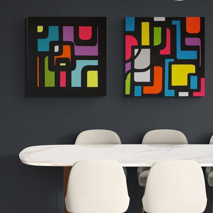 Retro 70s pop art by Lenon B, with geometric shapes in bright red, yellow, and blue on a black background.