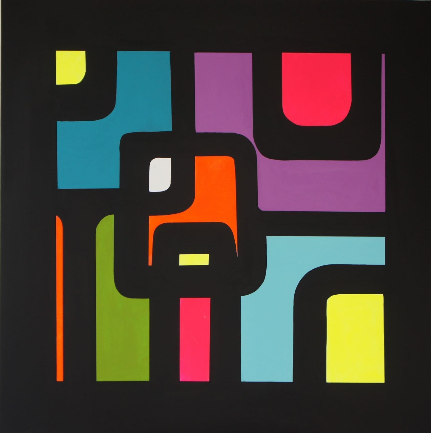 Retro geometric forms in vibrant colors featured in "Square Time," a 100x100 cm painting by Lenon B.