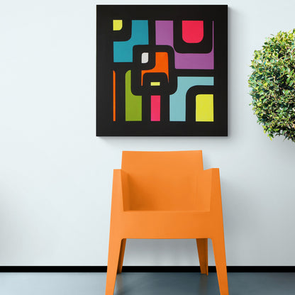 Vibrant geometric artwork by Lenon B, featuring bold shapes and bright colors in a retro pop style.