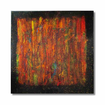 Abstract acrylic painting titled "Starry Amber" with golden flakes on canvas.