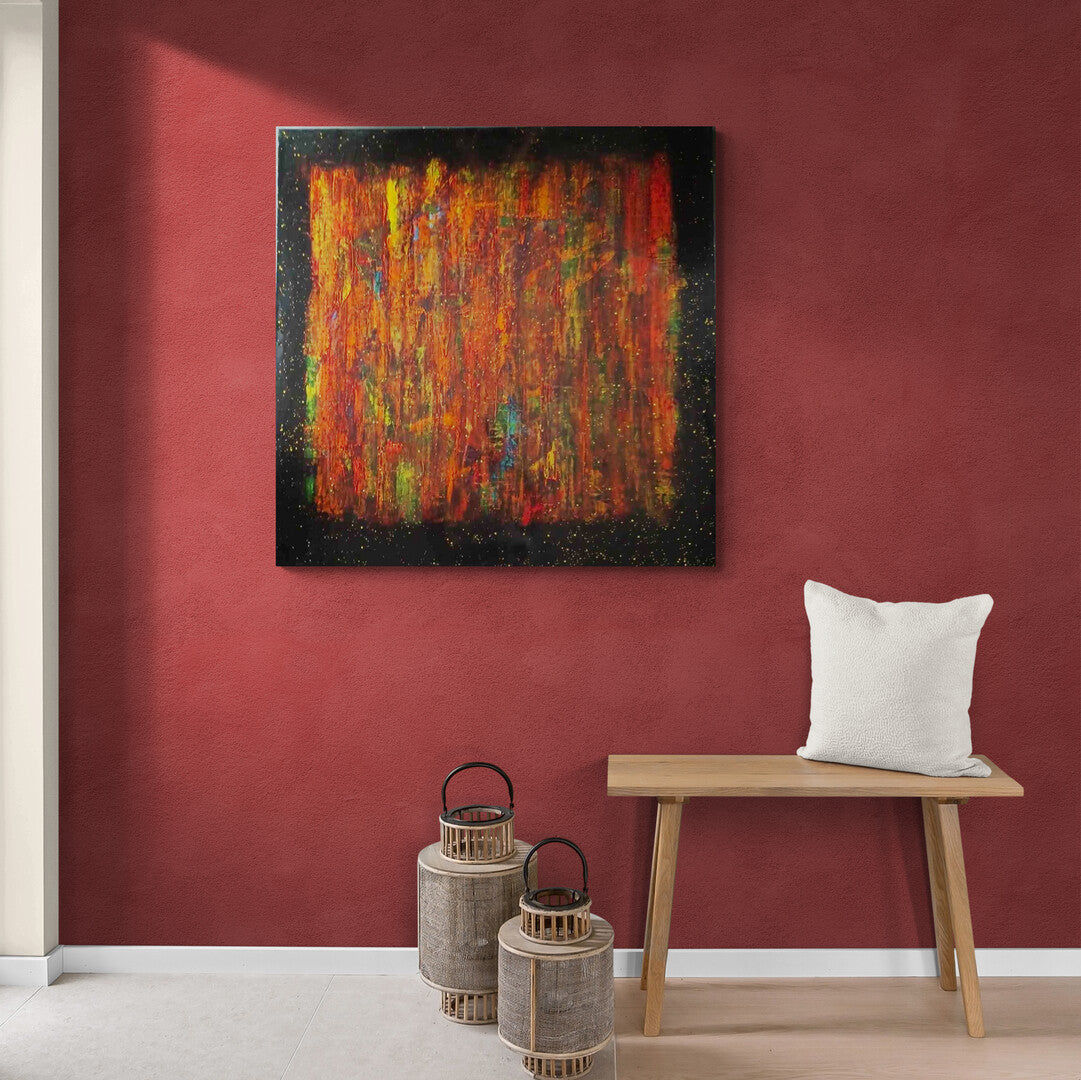 Abstract art by Lenon B with golden stars and warm hues on acrylic canvas.