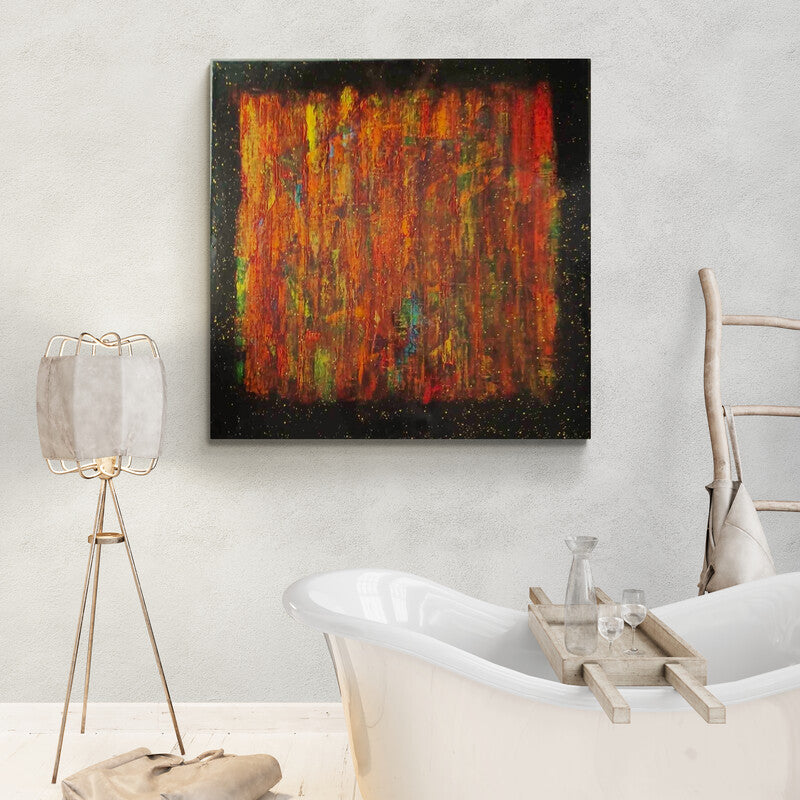 Abstract art with golden stars and warm hues on acrylic canvas.