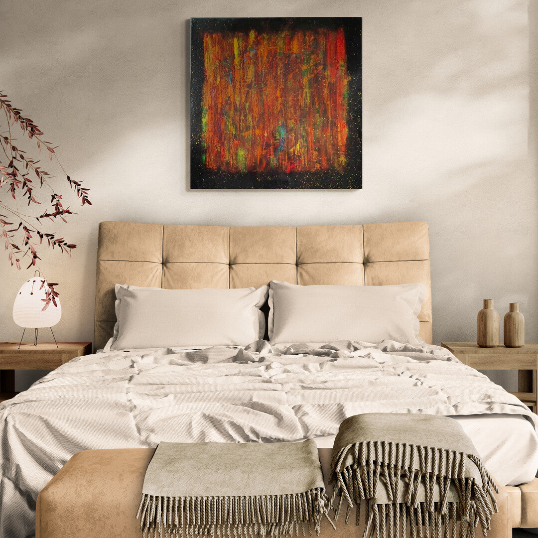 "Starry Amber" painting by Lenon B featuring warm tones and resin gloss finish.