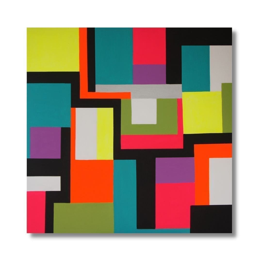 "Tetris" by Lenon B, an 80s retro-inspired pop art painting featuring colorful interlocking rectangles.