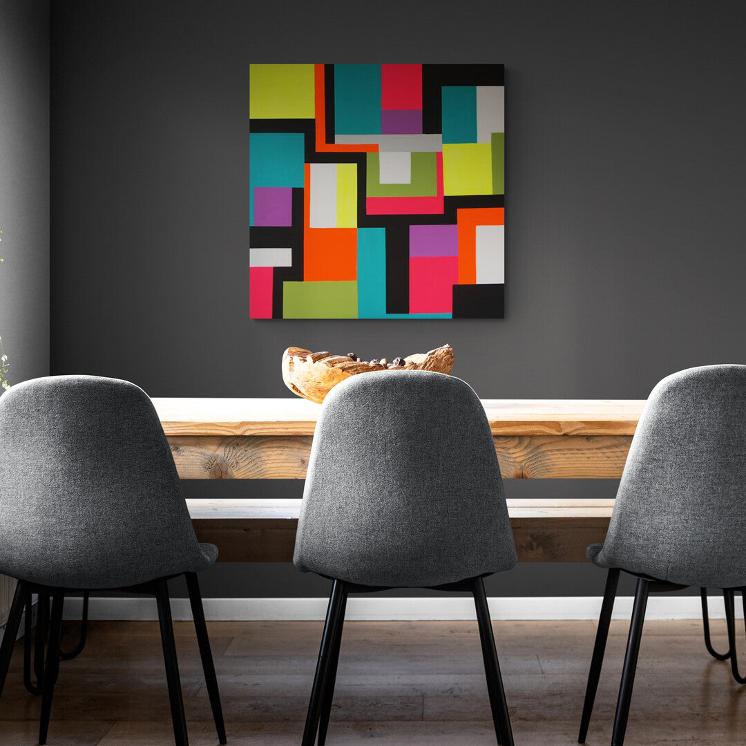 Explosive colors and rectangular shapes interlock in the "Tetris" acrylic artwork by Lenon B.