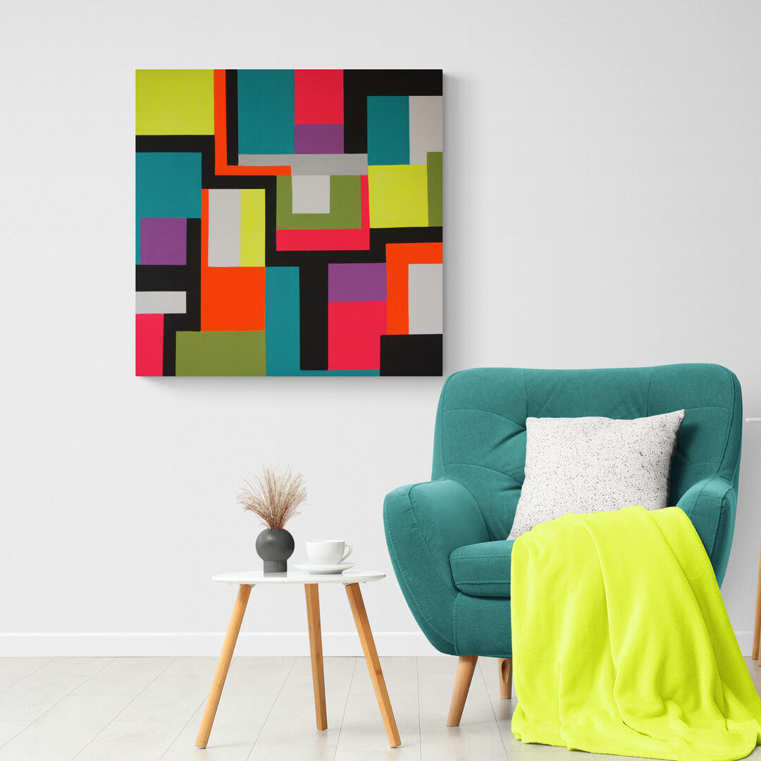 Geometric pop art featuring colorful interlocking shapes on canvas in "Tetris" by Lenon B.