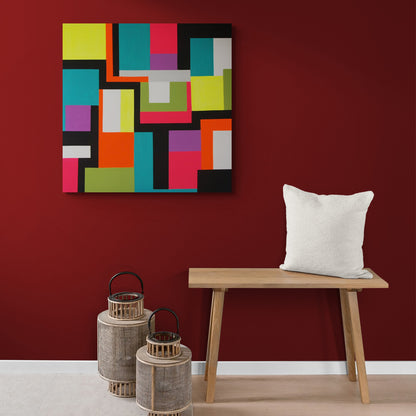 Large, colorful pop art on a 3D canvas in the "Tetris" artwork by Lenon B, featuring dynamic neon shapes.