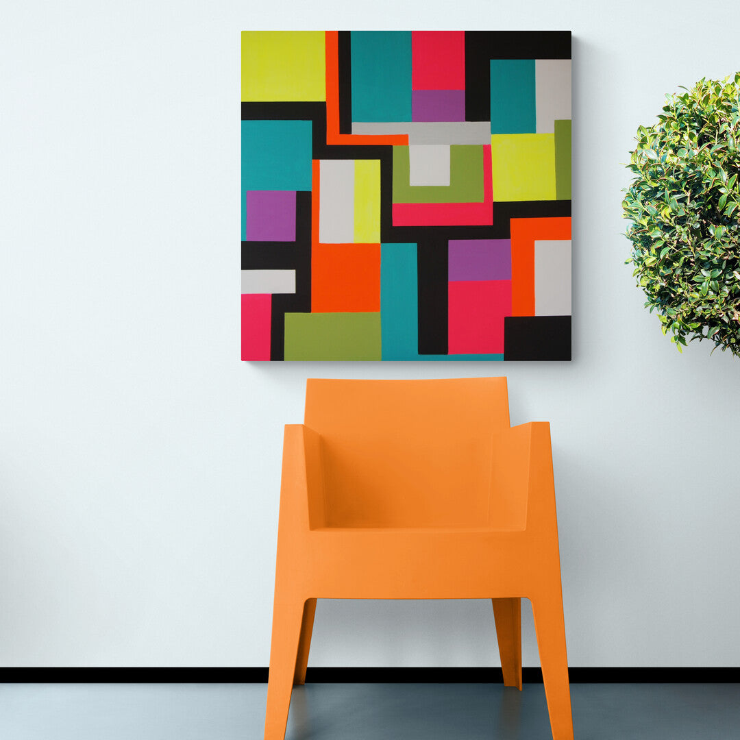 Vibrant neon rectangular shapes interlock in the "Tetris" artwork by Lenon B, creating a dynamic composition.