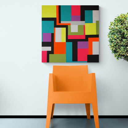 Vibrant neon rectangular shapes interlock in the "Tetris" artwork by Lenon B, creating a dynamic composition.