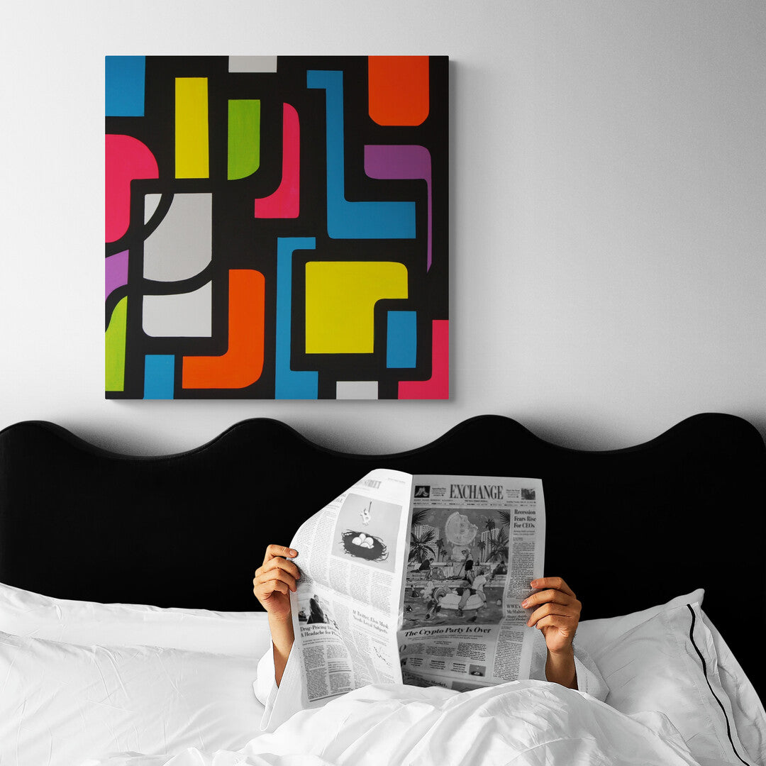 Neon colors and geometric patterns inspired by the lights of New York's Times Square in this canvas artwork by Lenon B.