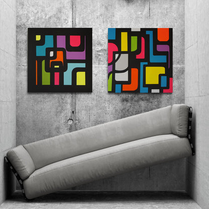 Colorful  pop art on canvas featuring vibrant neon shapes, inspired by Times Square, created by Lenon B.