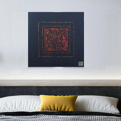 Abstract painting "VIP" by Lenon B, featuring a red square framed in gold.