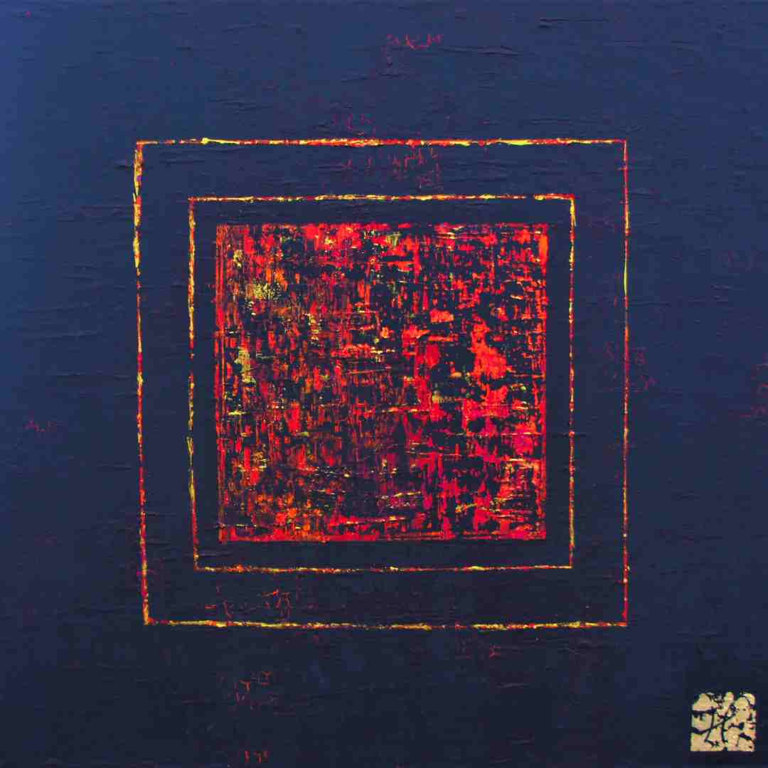 Luxury abstract painting "VIP" by Lenon B, blending red and gold in a chic composition.