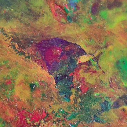 Forever Gift abstract painting with rich green, yellow, and red tones