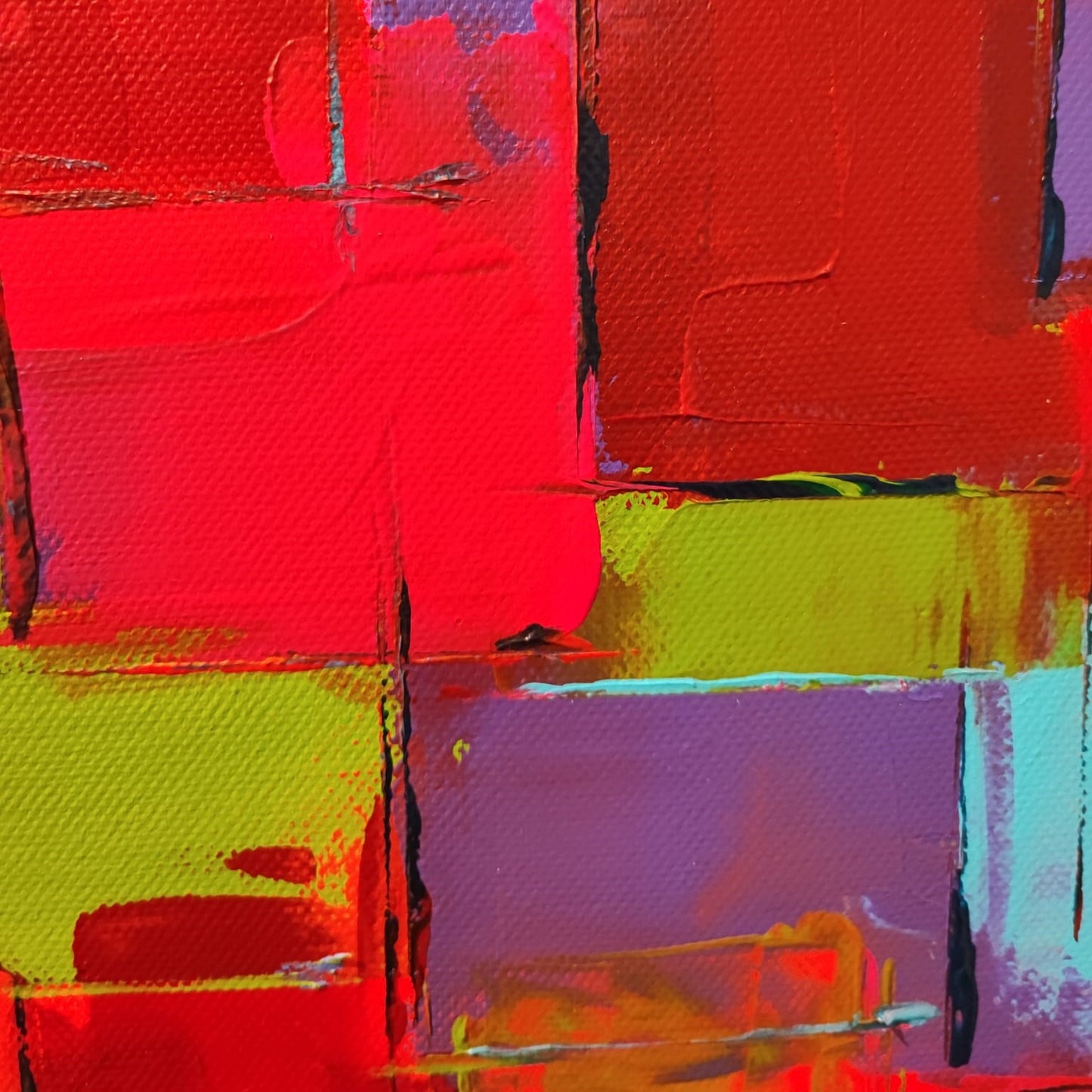 Cheerful canvas artwork in lively red tones, by Lenon B.