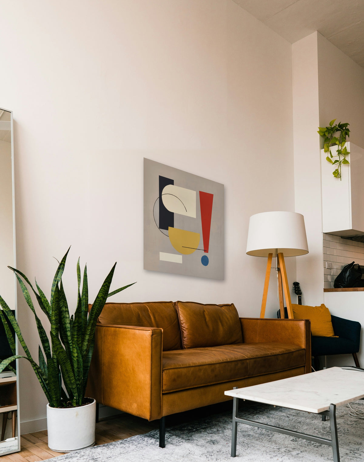 Between by Lenon B above a leather sofa, true scale