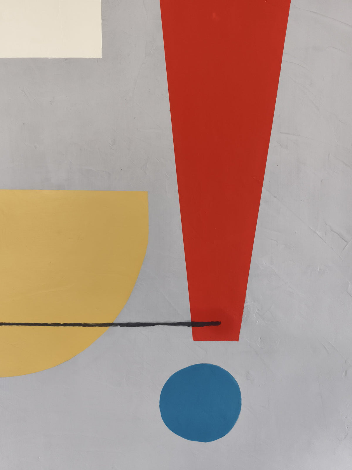 Detail of Between: red wedge, blue dot and yellow half-circle