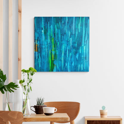 Enchanted bamboo forest in "Blue Bamboos" painting