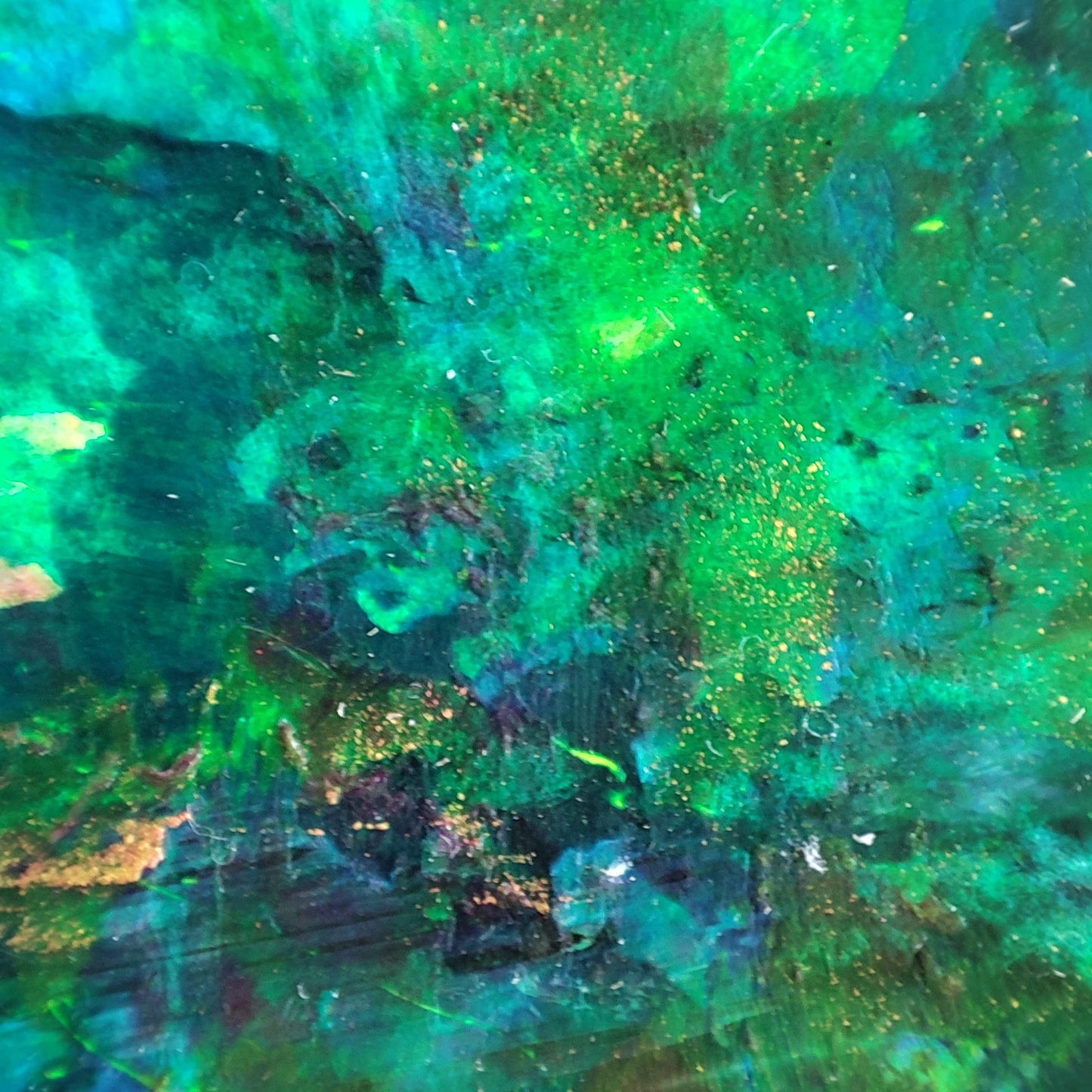 Vibrant blue, green, and gold abstract painting by Lenon B for any decor.