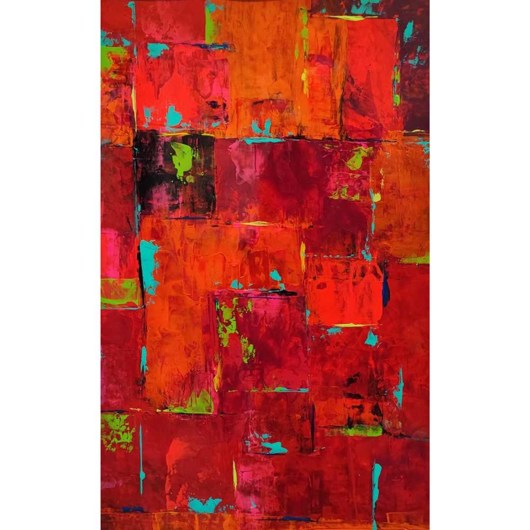 Crimsonity by Lénon B, an evocative red painting filled with geometric intrigue.