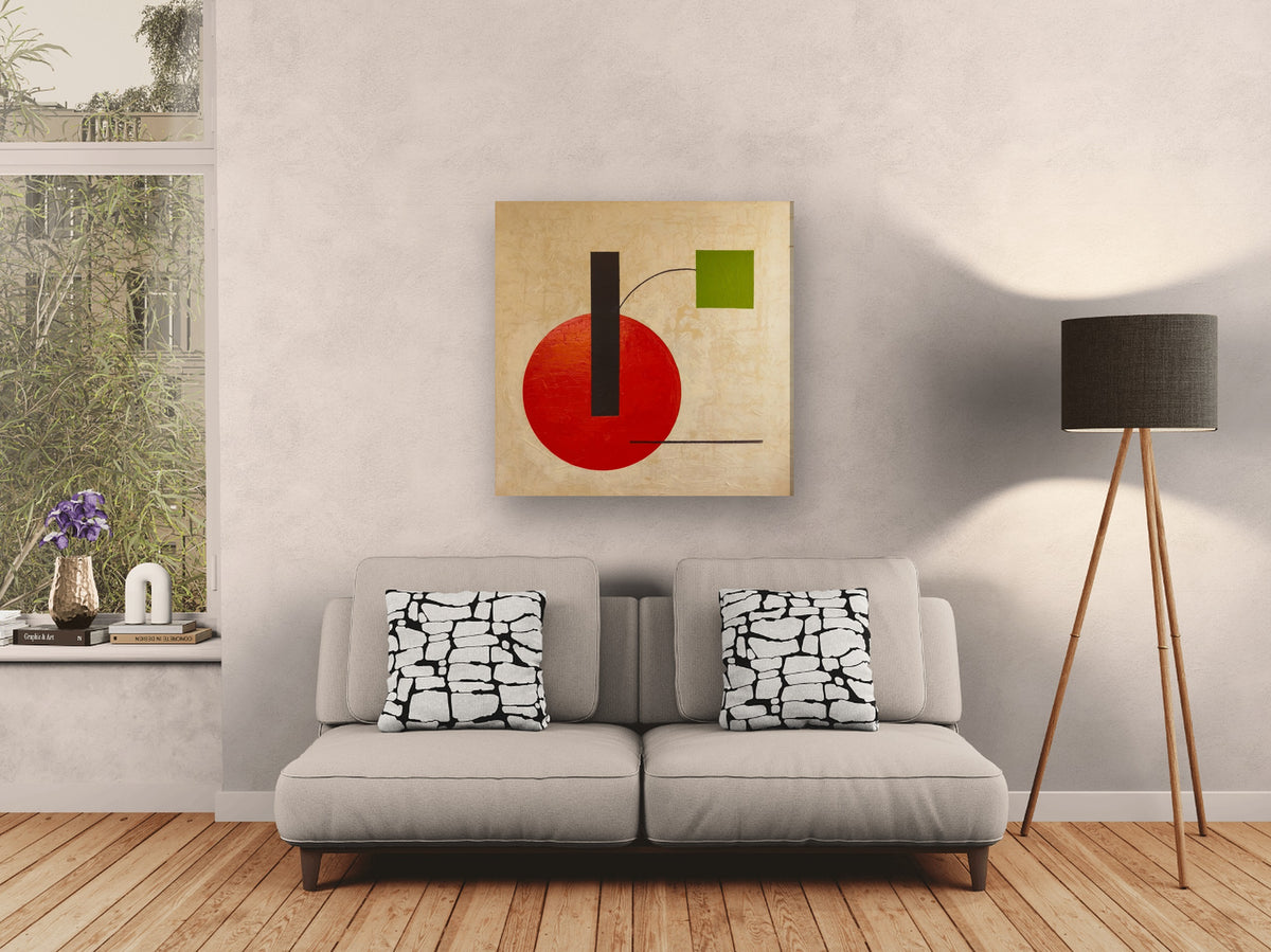Dear Calder by Lenon B above a light grey sofa, true scale (80 × 80 cm)