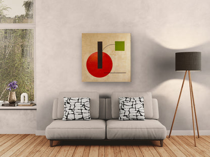 Dear Calder by Lenon B above a light grey sofa, true scale (80 × 80 cm)