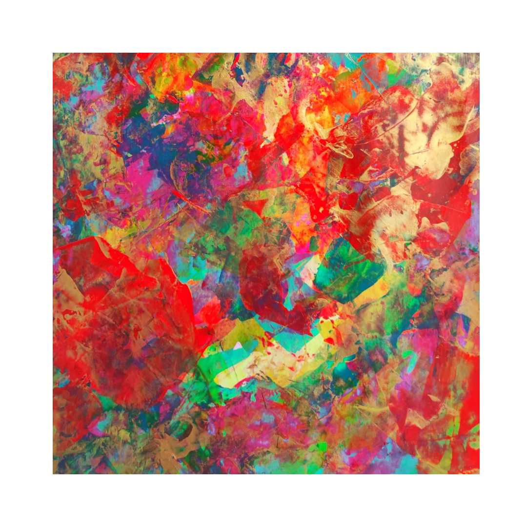 Ecstasy by Lénon B, a vibrant abstract art piece bursting with red, green, and gold hues.