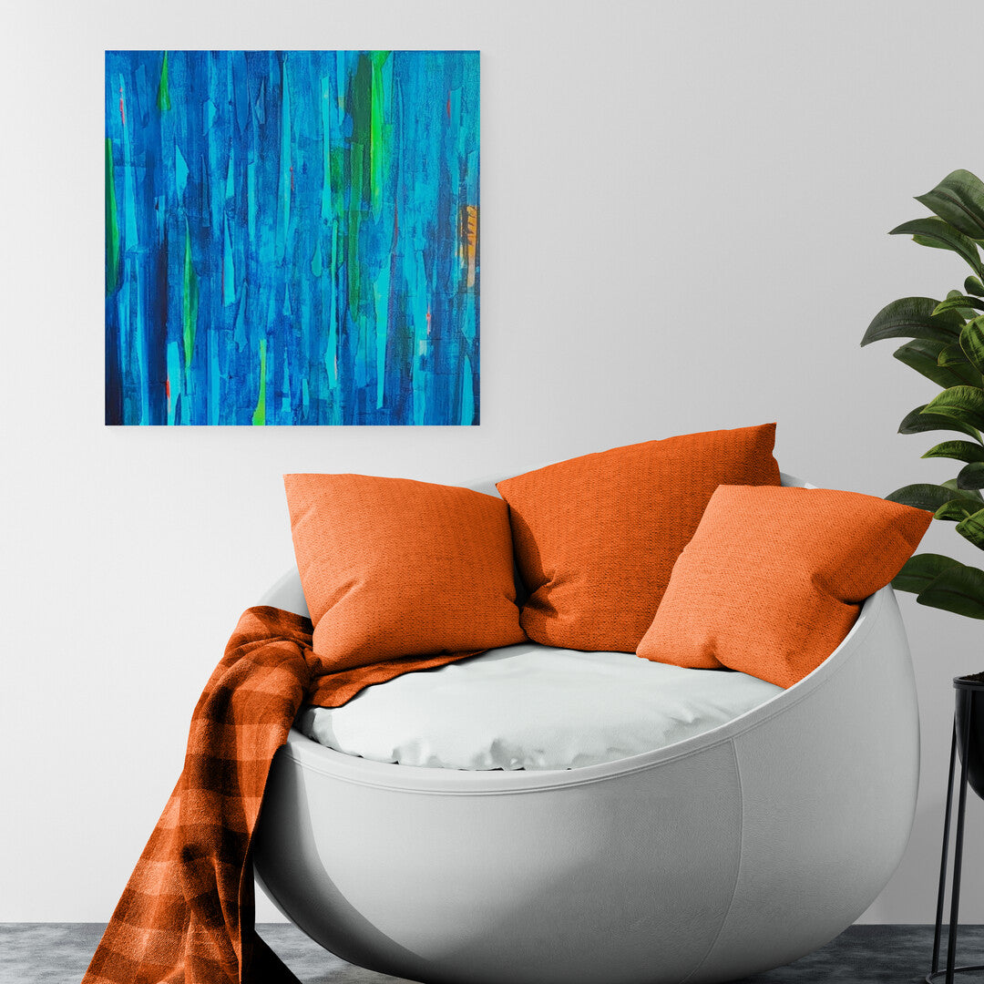 Vibrant orange accents in "Blue Bamboos" artwork