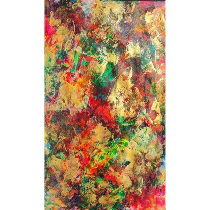 Euphoria by Lénon B, an abstract expressionist piece radiating with vibrant red, green, and gold.