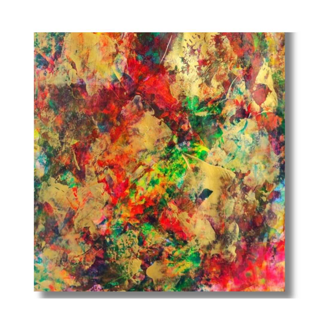 Euphoria by Lénon B, a modern abstract artwork bursting with red, green, and gold hues.