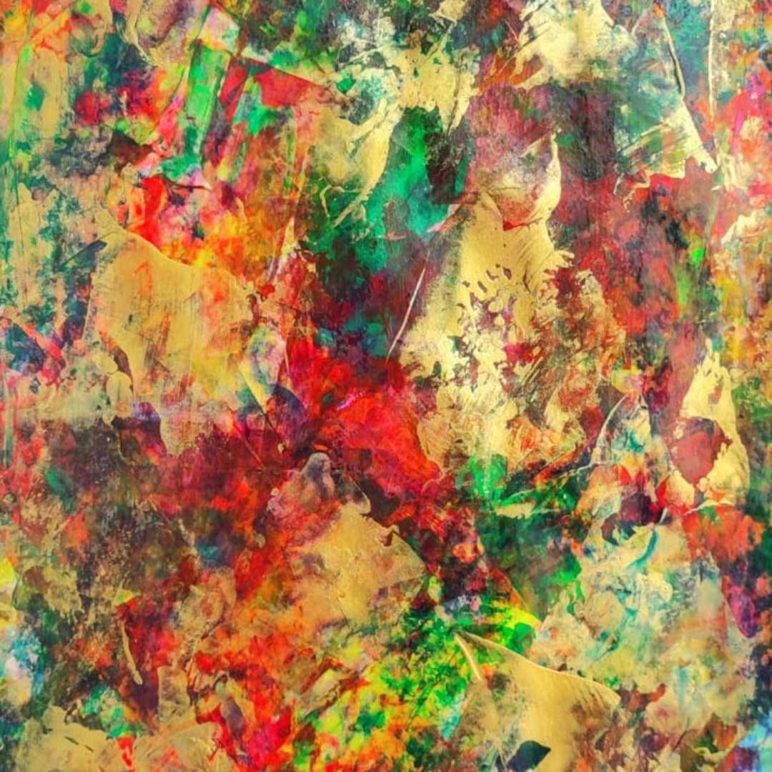 Euphoria by Lénon B, an abstract painting on paper filled with bold red, green, and golden tones.