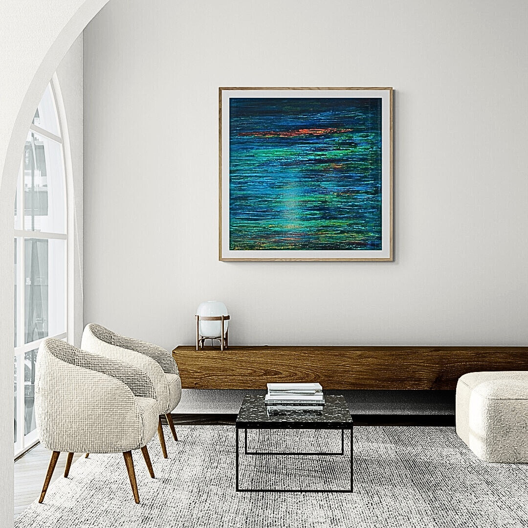 Fiery Silence by Lenon B is a 100x100 cm textured acrylic painting with UV protection, perfect for elegant interiors.