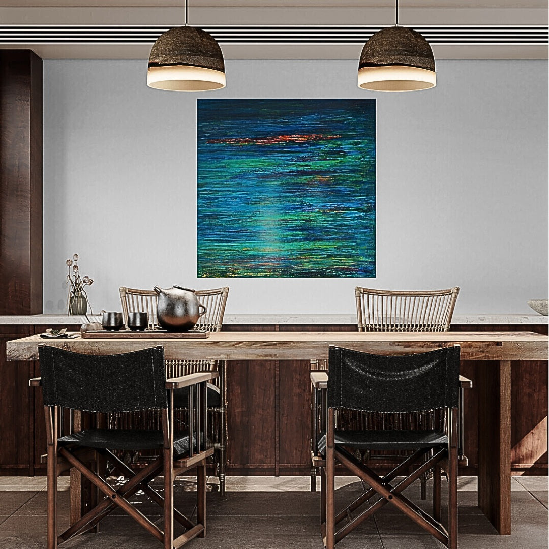 Fiery Silence, a textured acrylic painting by Lenon B, offers a balance of deep blue tones and warm accents for timeless decor.