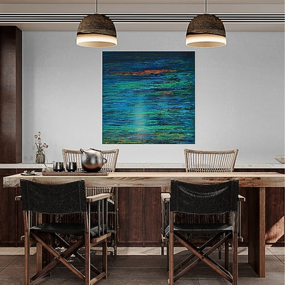 Fiery Silence, a textured acrylic painting by Lenon B, offers a balance of deep blue tones and warm accents for timeless decor.