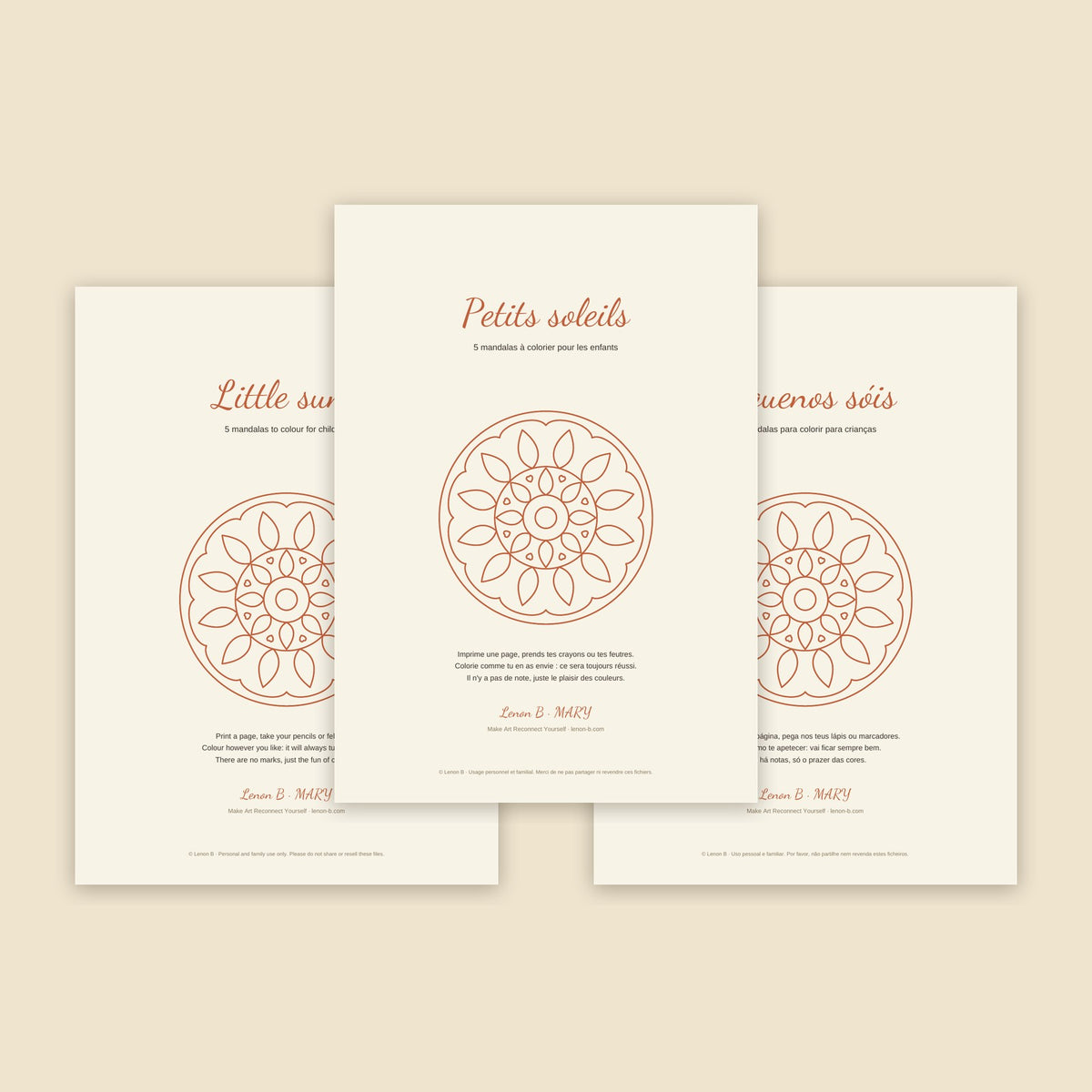 Little suns, 5 mandalas to colour for children by Lenon B, in English, French and Portuguese