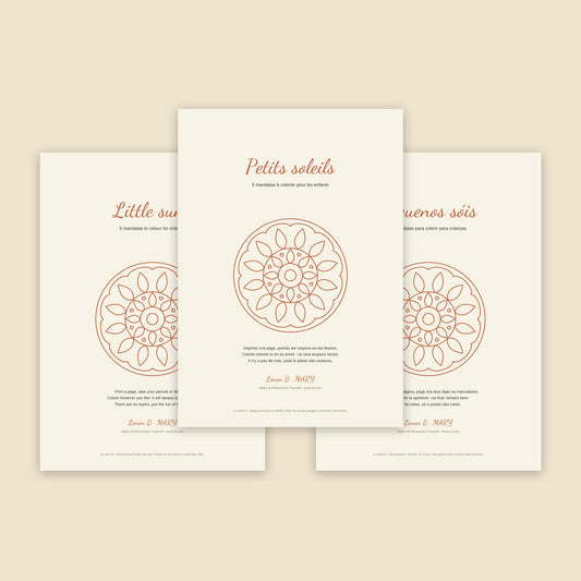 Little suns, 5 mandalas to colour for children by Lenon B, in English, French and Portuguese