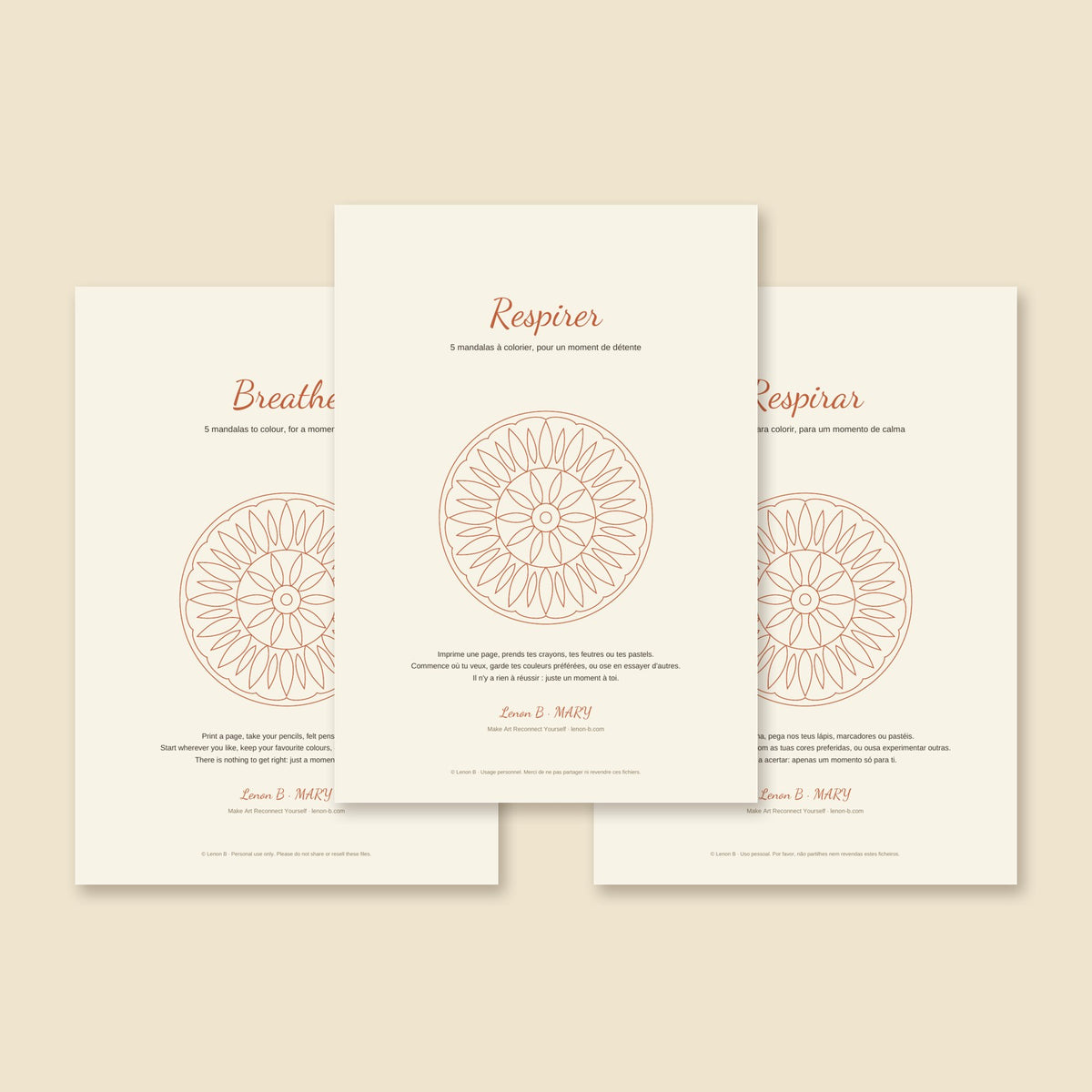Breathe, 5 mandalas to colour by Lenon B, in English, French and Portuguese