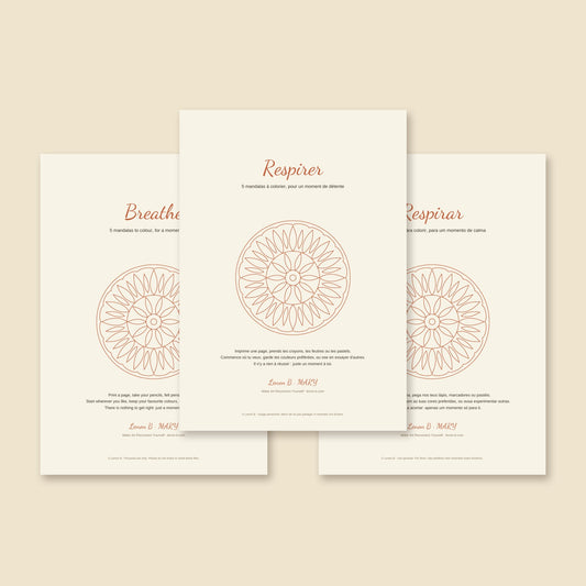 Breathe, 5 mandalas to colour by Lenon B, in English, French and Portuguese