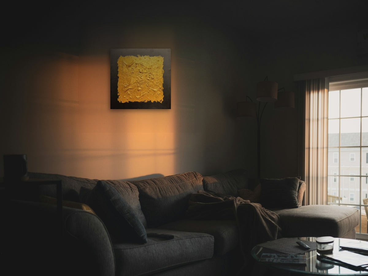 Gold IV by Lenon B in a living room at sunset, warm light on the wall