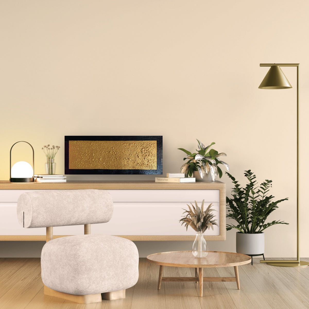 Golden Dream by Lenon B hung horizontally above a sideboard, true scale (40 × 100 cm)