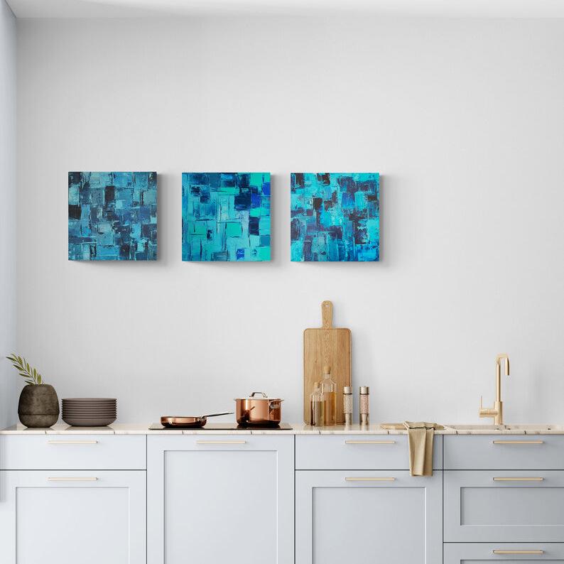 Abstract painting in shades of blue, representing sound waves, by Lenon B.