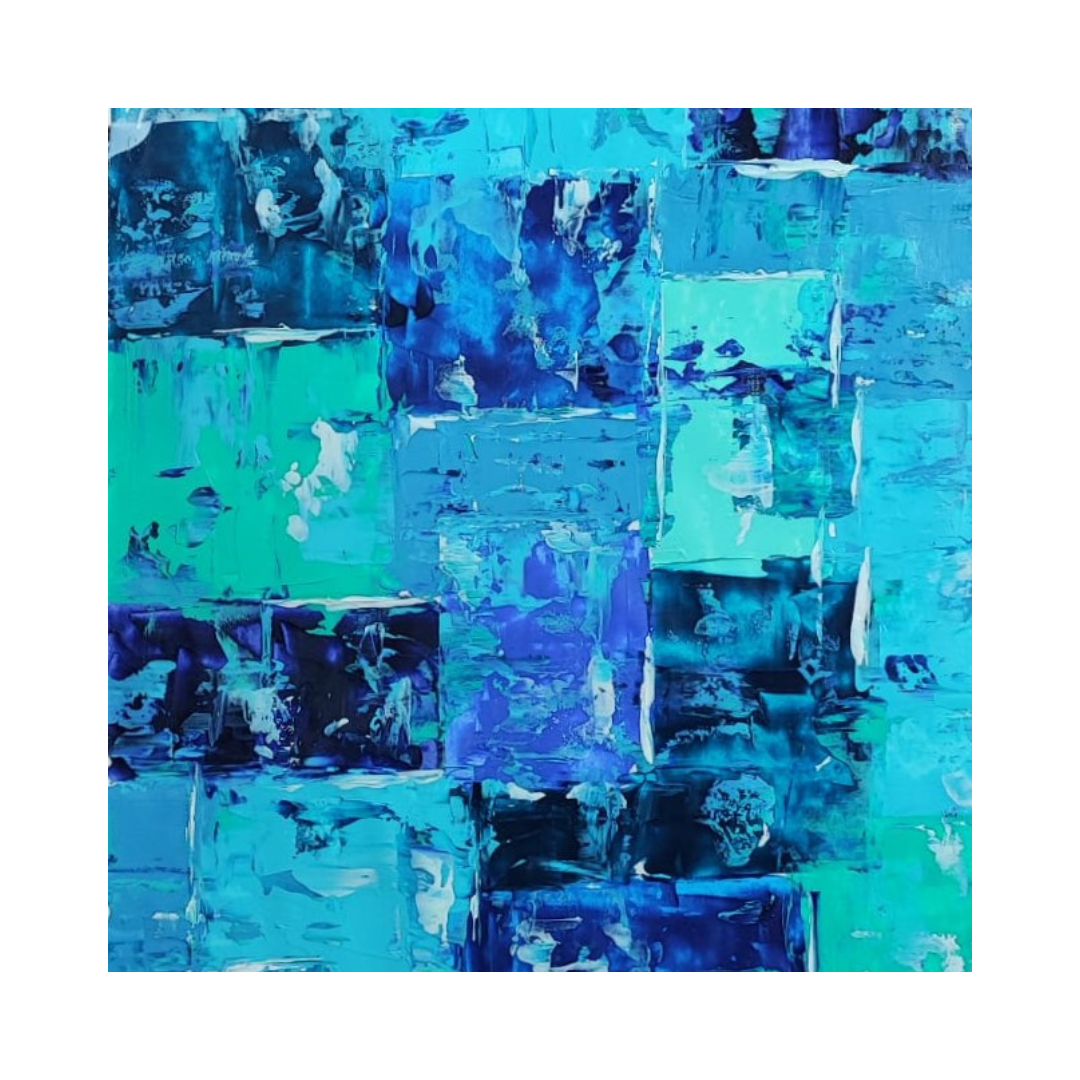  Lenon B's Boréal, an abstract artwork in deep blue and green, evokes the Northern Lights and ocean depths.