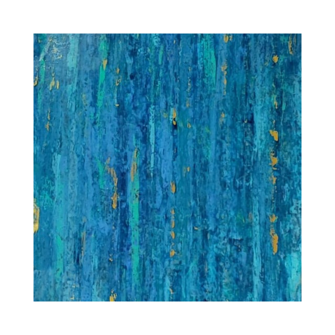  Lagon by Lenon B is an abstract acrylic painting featuring shades of blue with touches of gold, evoking the serenity of a lagoon.