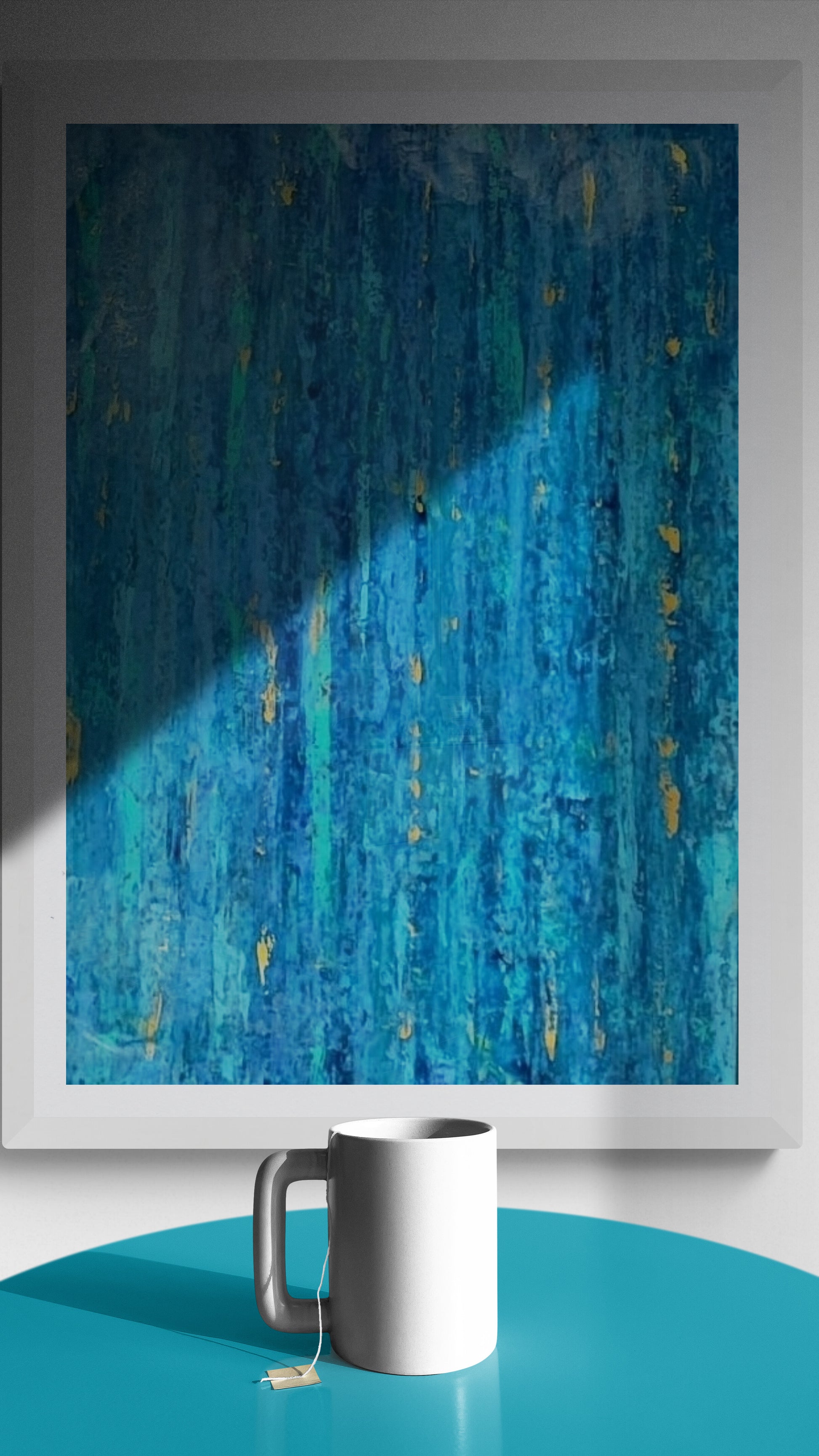 Lagon is a serene abstract painting by Lenon B, showcasing calming blue tones and sophisticated touches of gold.