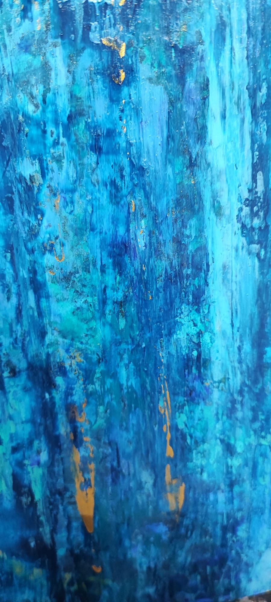 Feel the calming energy of Lagon by Lenon B, an abstract piece that harmonizes deep blues with shimmering gold accents.